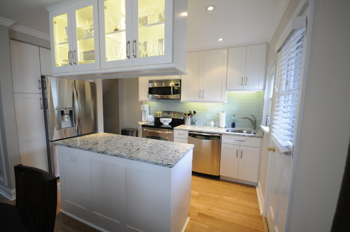 Sea Foam Color Subway Tile with Cambria Praa Sands Countertop and Island Top and Both-Side Hanging Cabinets in Small Kitchen Remodeling
